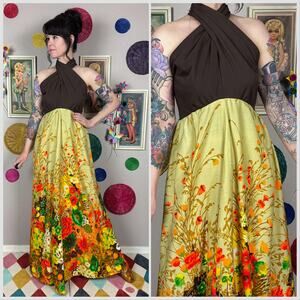 Vintage 1960s Brown and Yellow Floral Open Back Twist Front Halter Maxi Dress